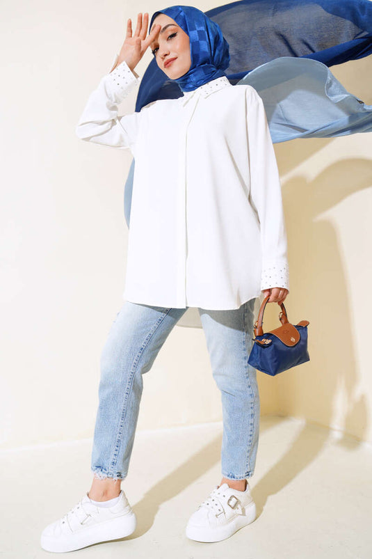 Shirt with Collar and Stone in Ecru