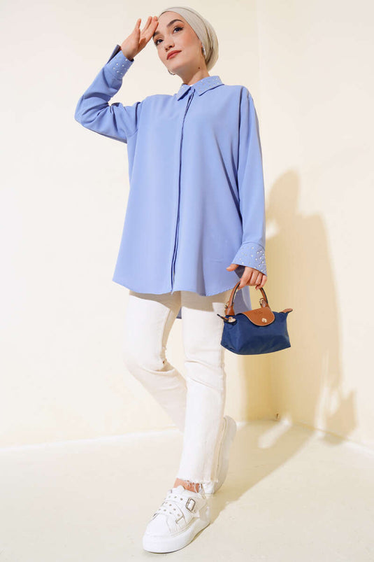 Shirt with Collar and Stone in Blue