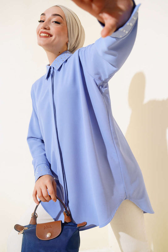 Shirt with Collar and Stone in Blue