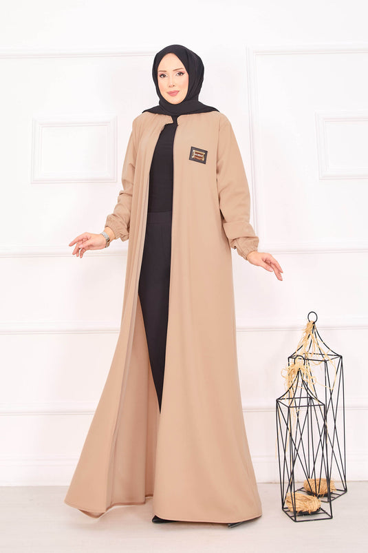 Abaya hijab à poignets élastiques et poche, couleur camel