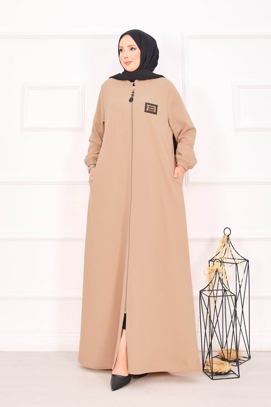 Abaya hijab à poignets élastiques et poche, couleur camel
