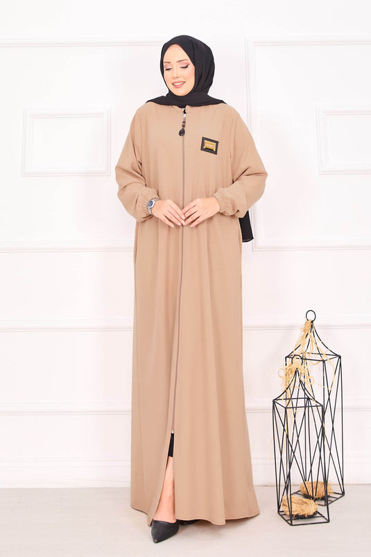 Abaya hijab à poignets élastiques et poche, couleur camel