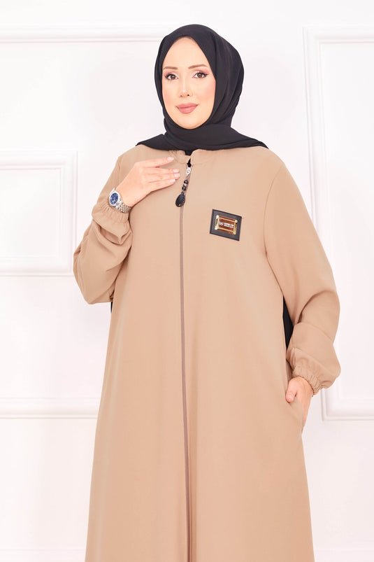 Abaya hijab à poignets élastiques et poche, couleur camel