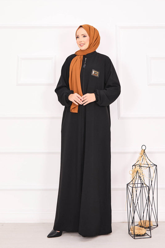 Abaya hijab noire à poches et poignets élastiques