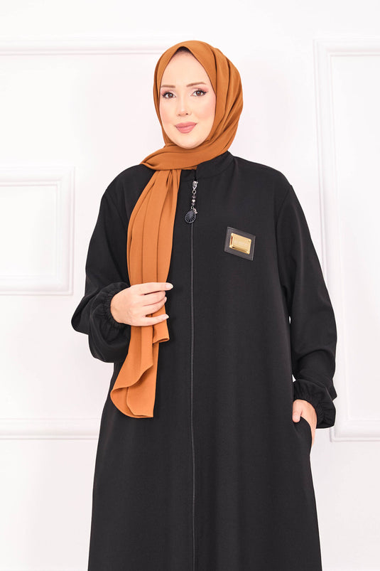 Abaya hijab noire à poches et poignets élastiques