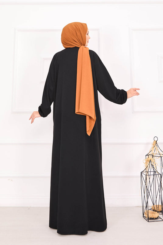 Abaya hijab noire à poches et poignets élastiques