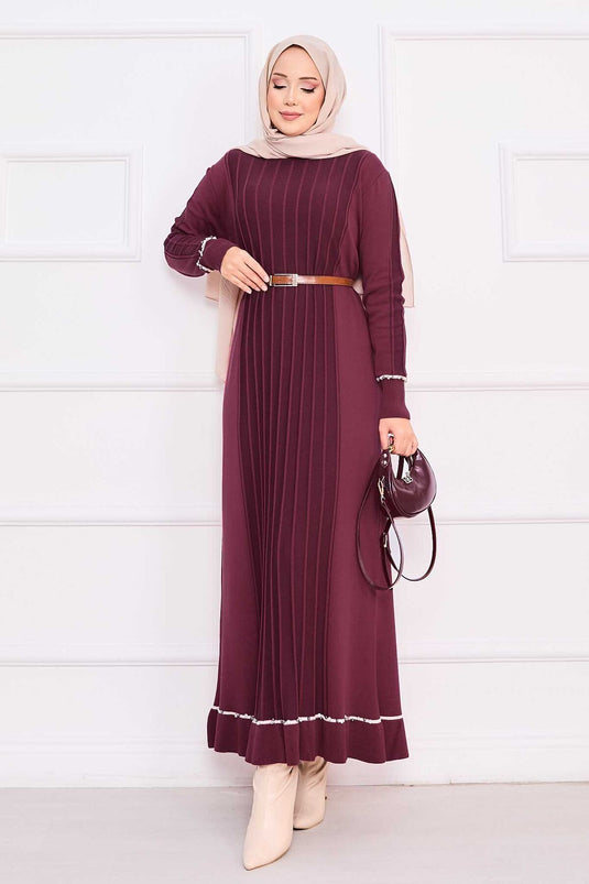 Hijab gebreide jurk met stenen geborduurde manchetten en rok, bordeauxrood