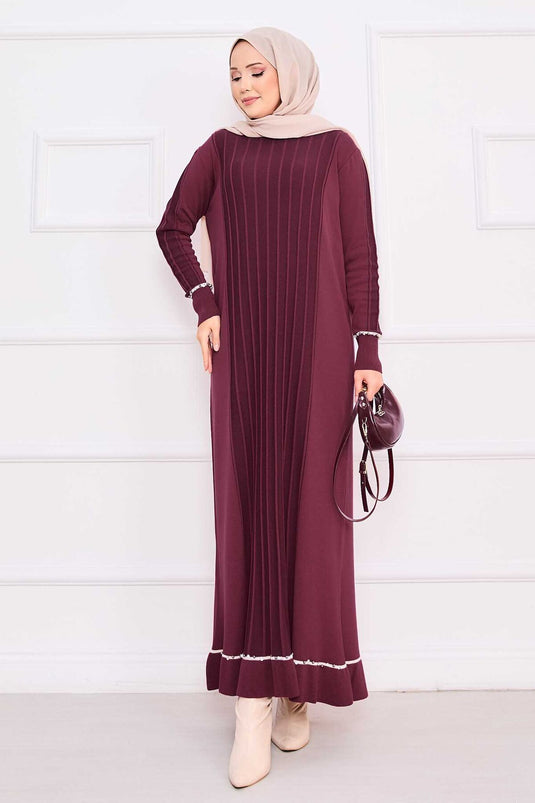 Hijab gebreide jurk met stenen geborduurde manchetten en rok, bordeauxrood