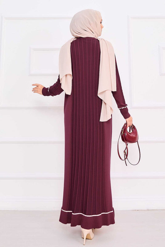 Hijab gebreide jurk met stenen geborduurde manchetten en rok, bordeauxrood