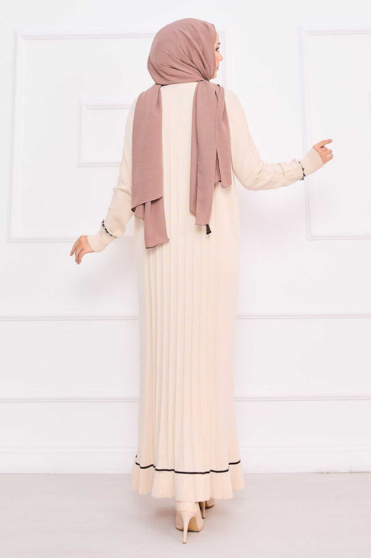 Robe hijab crème en maille avec poignets et jupe brodés de pierres
