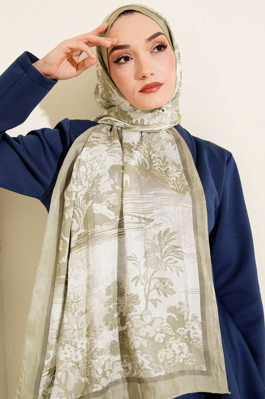 Manzara Desen Bambu Kraş Şal Çağla Yeşili