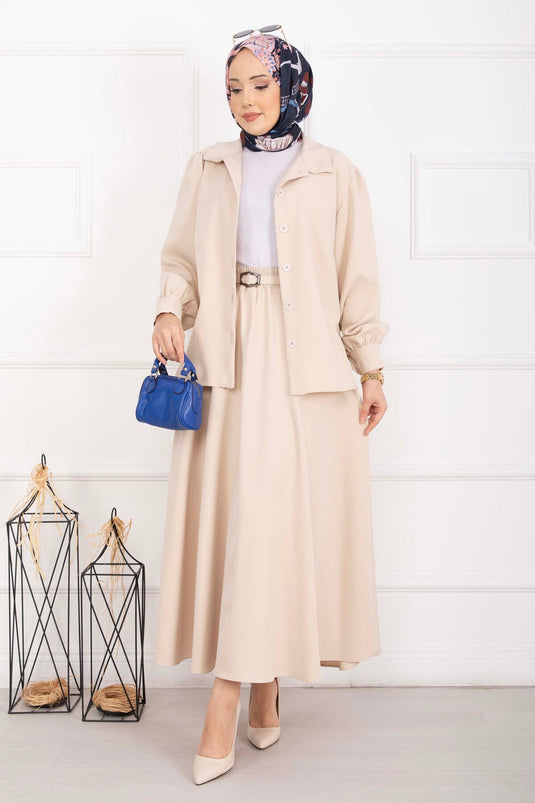 Marine Belted Skirt Set Beige