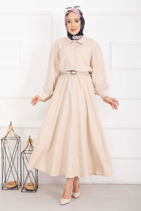 Marine Belted Skirt Set Beige