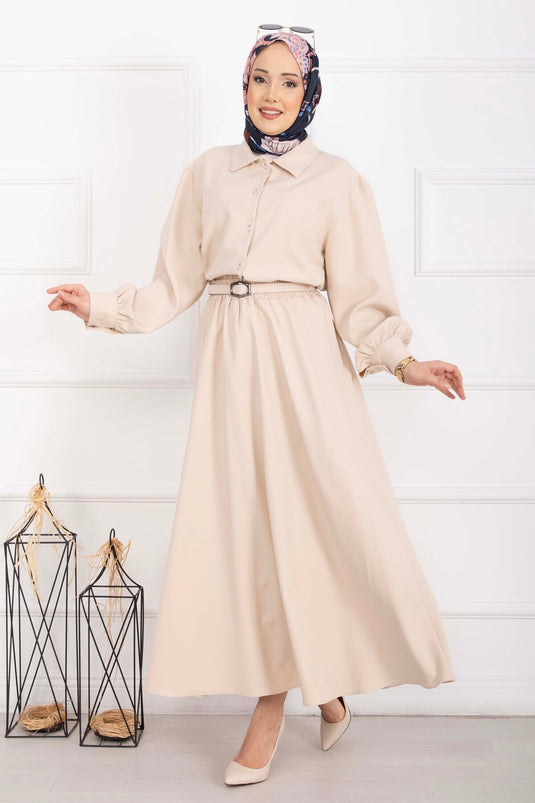 Marine Belted Skirt Set Beige