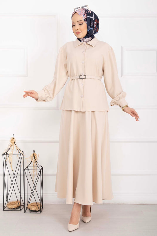 Marine Belted Skirt Set Beige