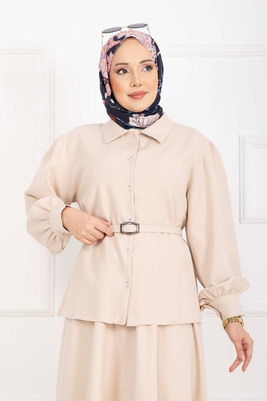 Marine Belted Skirt Set Beige
