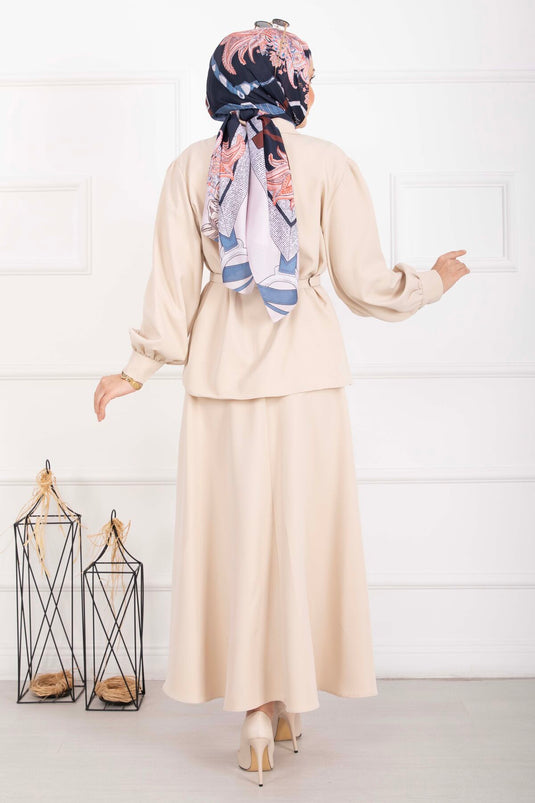 Marine Belted Skirt Set Beige