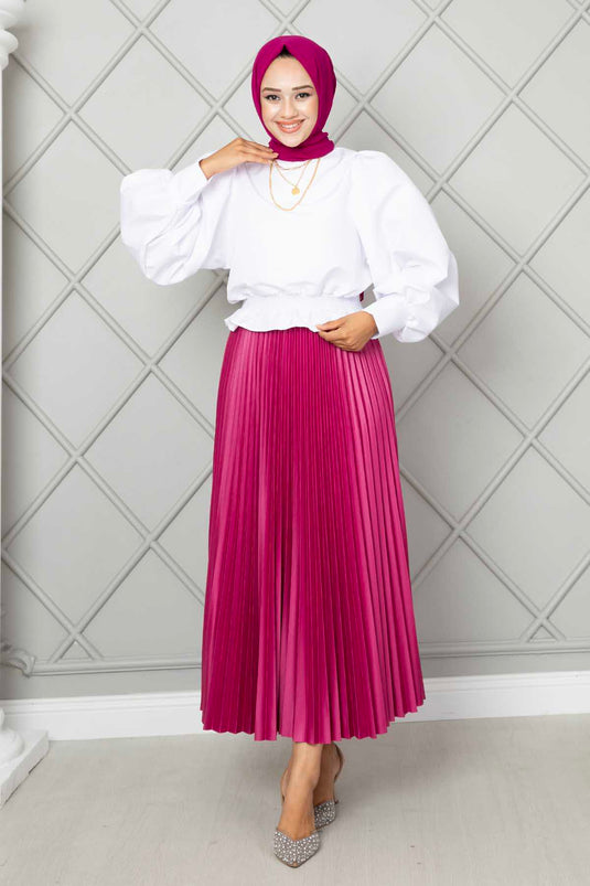 Fuchsia Elastic Waist Pleated Modest Skirt