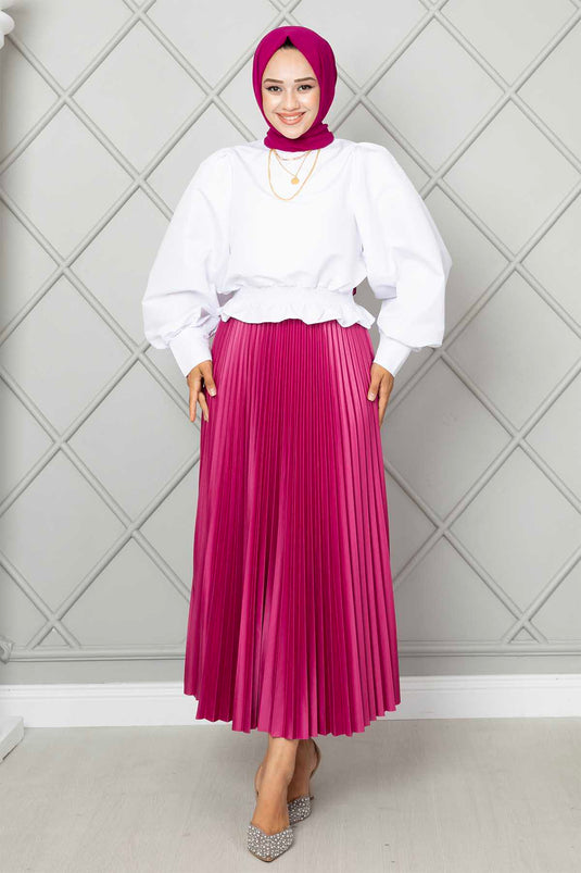 Fuchsia Elastic Waist Pleated Modest Skirt