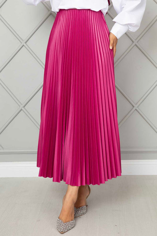 Fuchsia Elastic Waist Pleated Modest Skirt