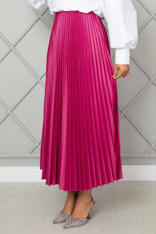 Fuchsia Elastic Waist Pleated Modest Skirt