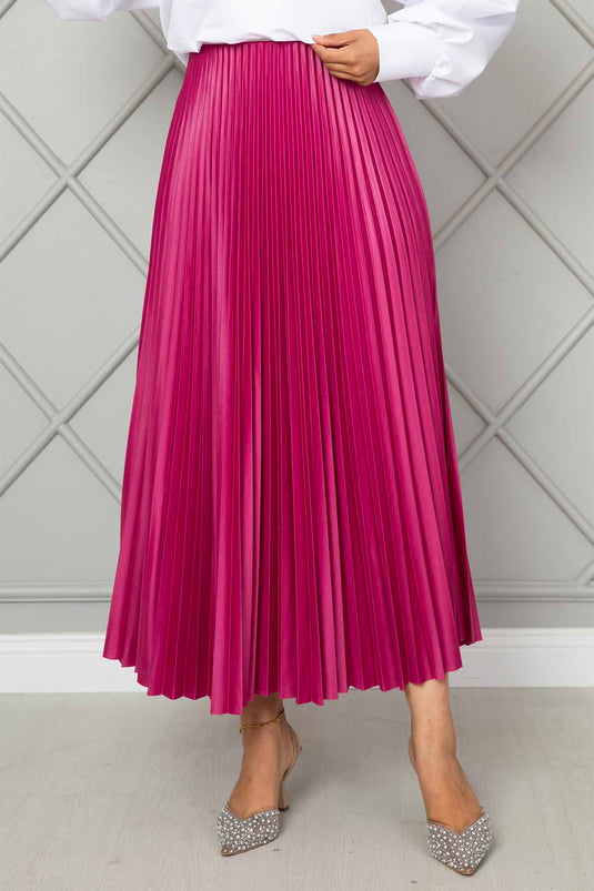 Fuchsia Elastic Waist Pleated Modest Skirt