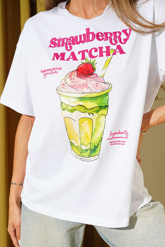 Matcha Baskılı T-shirt Beyaz