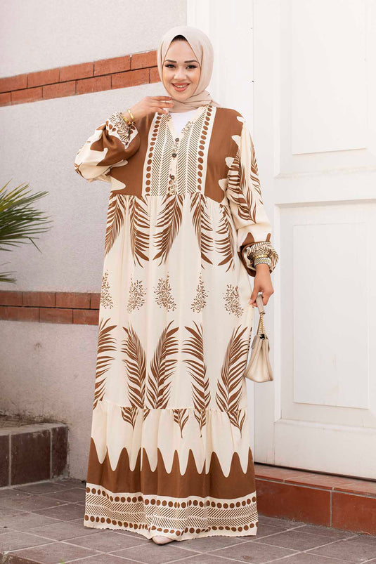 Melike gemustertes Viskose-Hijab-Kleid, Hellbraun