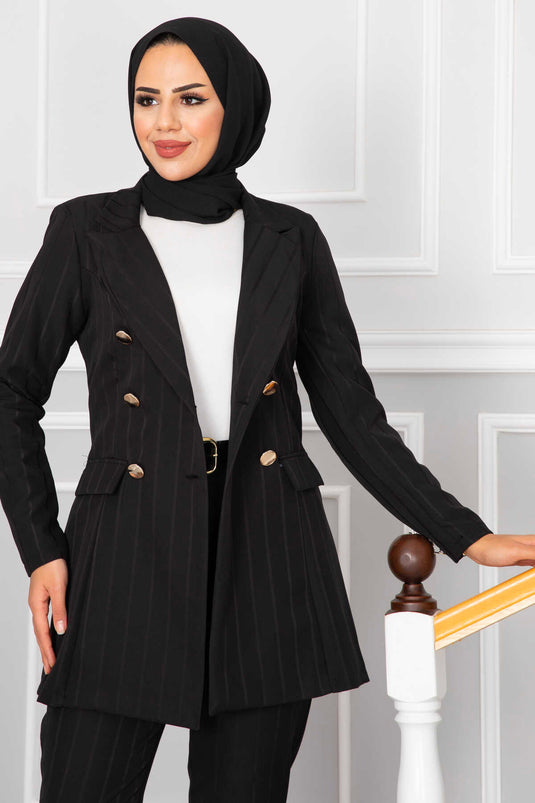 Striped Hijab Suit with Pocket Collar and Black