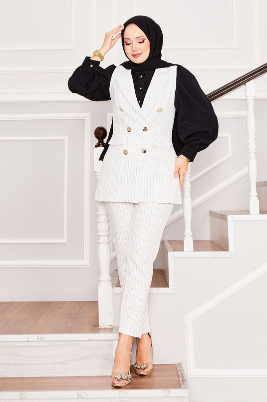 Handkerchief Collar Striped Vest Trousers Two Piece Set Ecru