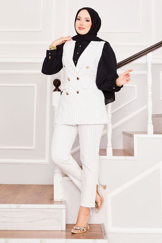 Handkerchief Collar Striped Vest Trousers Two Piece Set Ecru