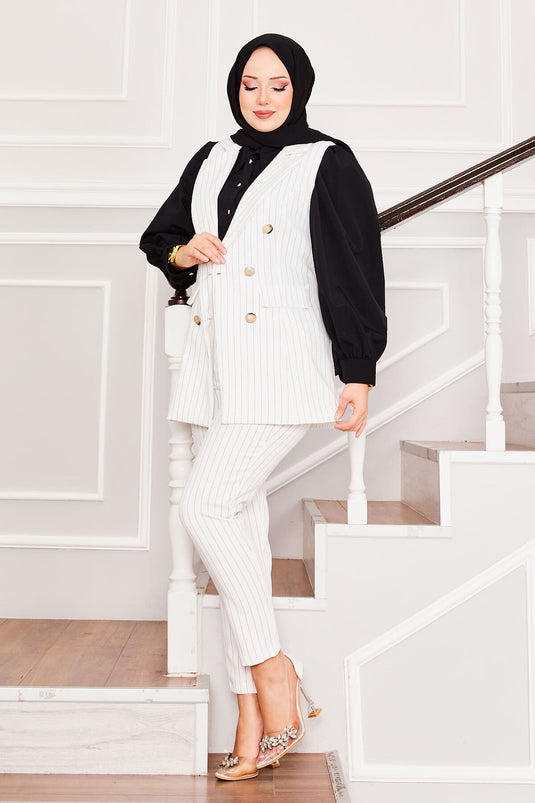 Handkerchief Collar Striped Vest Trousers Two Piece Set Ecru