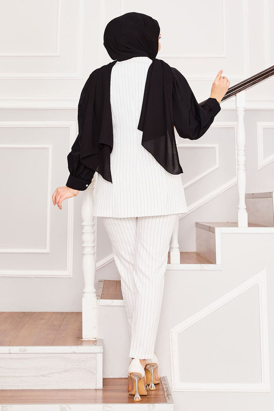 Handkerchief Collar Striped Vest Trousers Two Piece Set Ecru