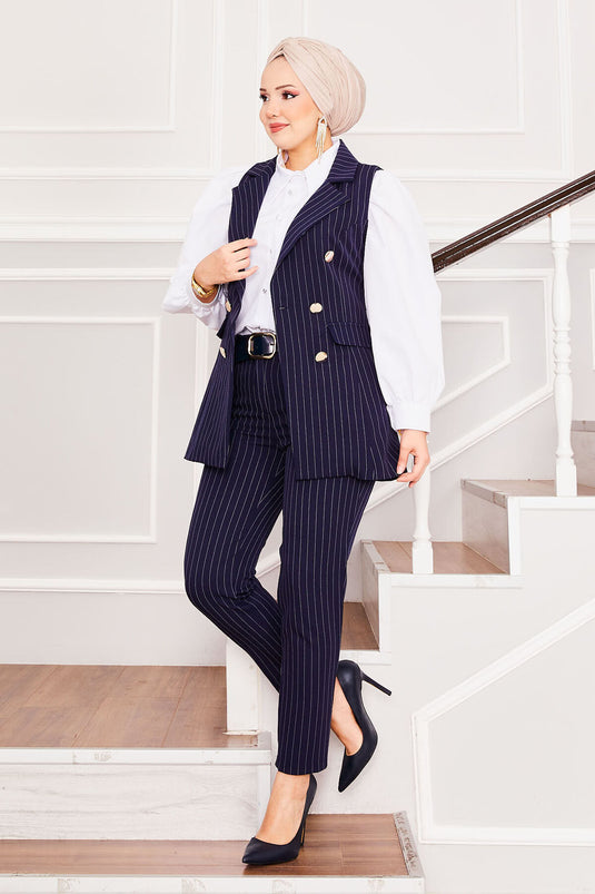 Handkerchief Collar Striped Vest Trousers Two Piece Suit Navy Blue