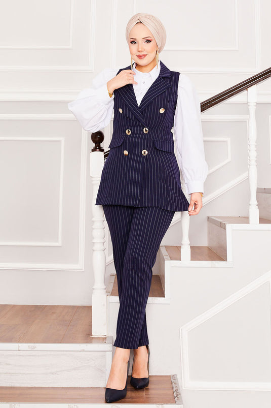 Handkerchief Collar Striped Vest Trousers Two Piece Suit Navy Blue