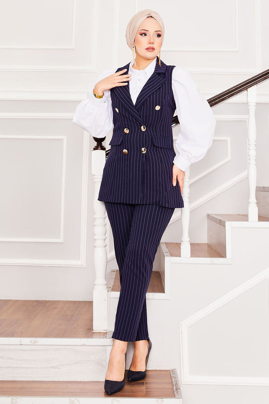 Handkerchief Collar Striped Vest Trousers Two Piece Suit Navy Blue