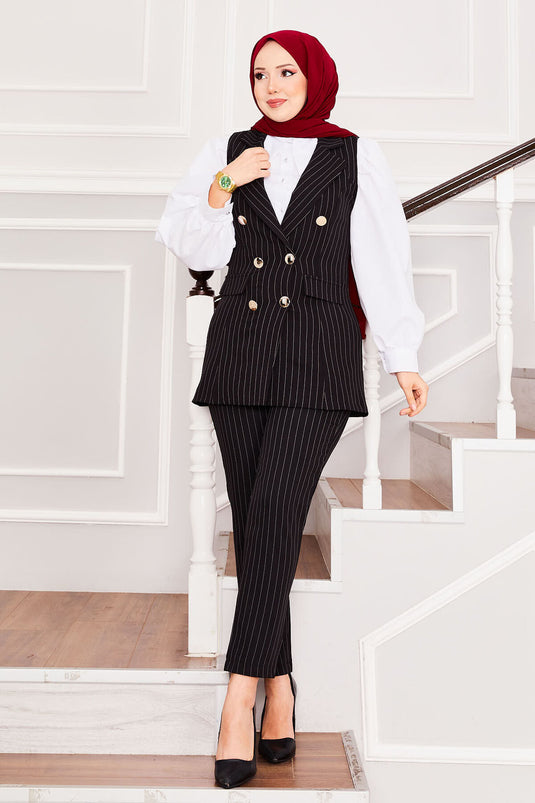 Handkerchief Collar Striped Vest Trousers Two Piece Suit Black