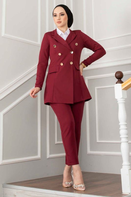 Hijab Suit with Handkerchief Collar Detail Claret Red