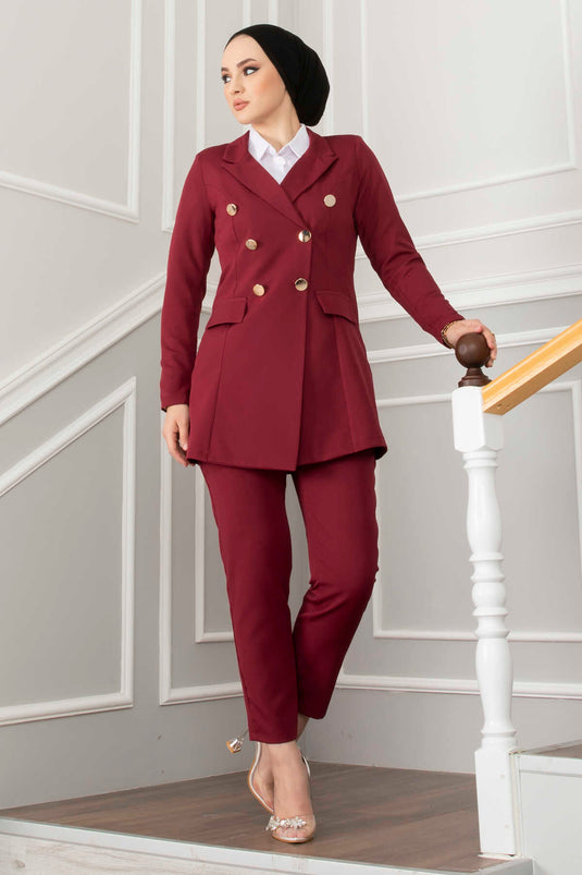 Hijab Suit with Handkerchief Collar Detail Claret Red