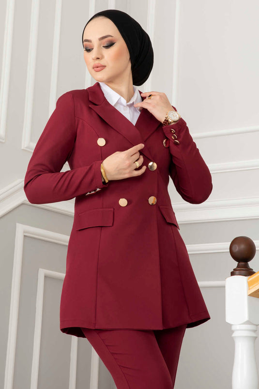 Hijab Suit with Handkerchief Collar Detail Claret Red