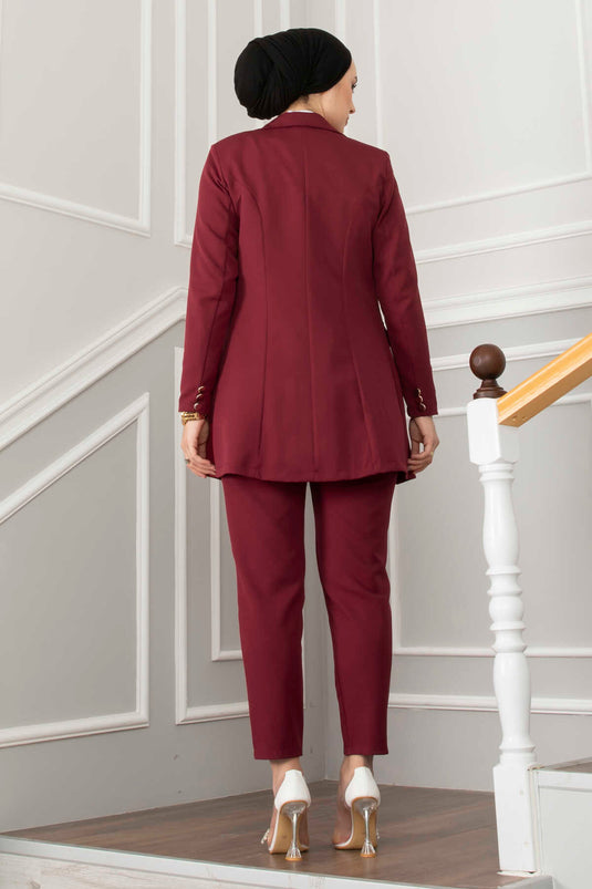 Hijab Suit with Handkerchief Collar Detail Claret Red