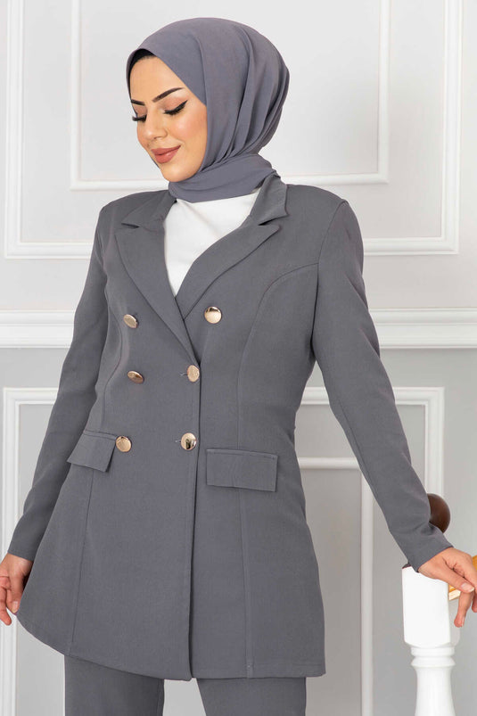 Hijab Suit with Handkerchief Collar Detail, Smoke Color