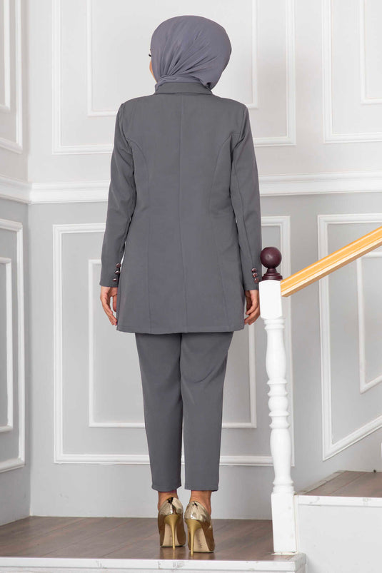 Hijab Suit with Handkerchief Collar Detail, Smoke Color