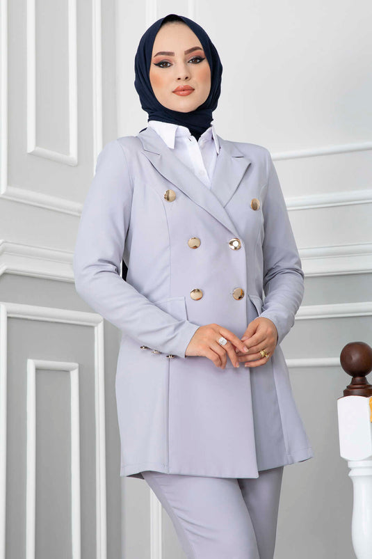 طقم تسيتر بتفاصيل ياقة منديل - رمادي