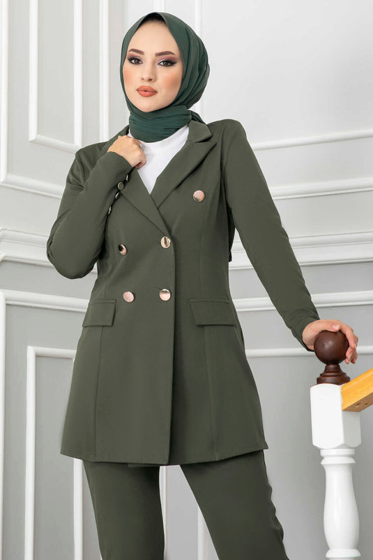 Modest Set with Scarf Collar Detail in Khaki