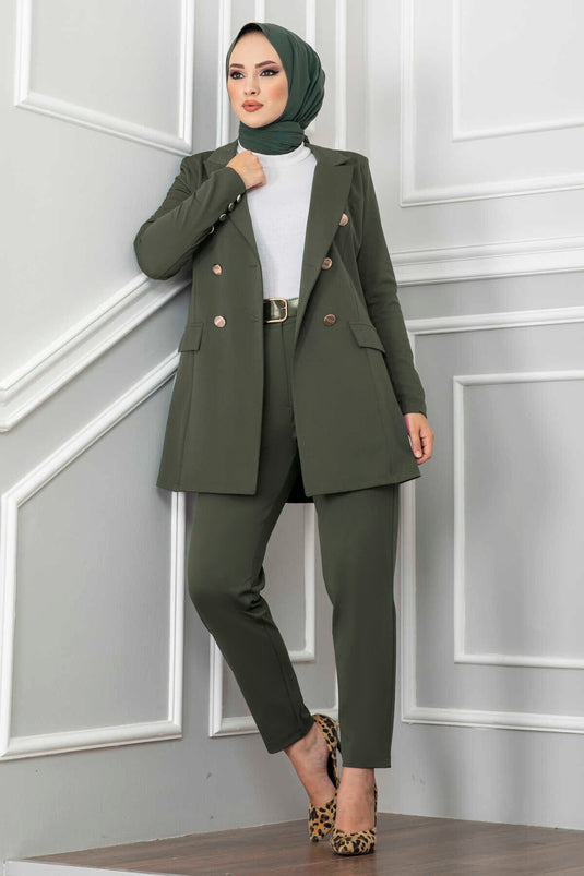 Modest Set with Scarf Collar Detail in Khaki