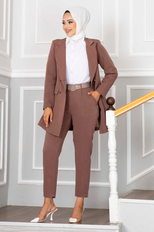 Hijab Suit Brown with Handkerchief Collar Detail