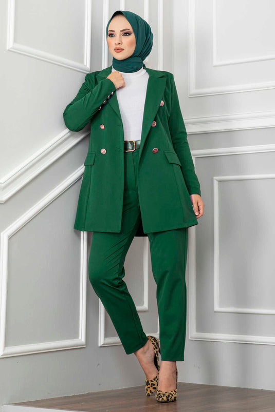 Handkerchief Collar Detailed Hijab Suit Emerald