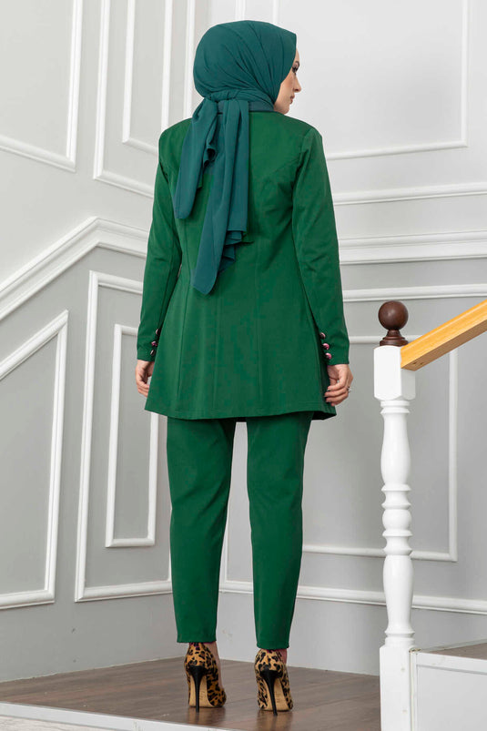 Handkerchief Collar Detailed Hijab Suit Emerald