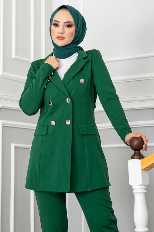 Handkerchief Collar Detailed Hijab Suit Emerald